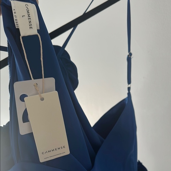 NWT Blue Satin Dress Open Back One Shoulder with Floral Rose Details - Picture 9 of 9